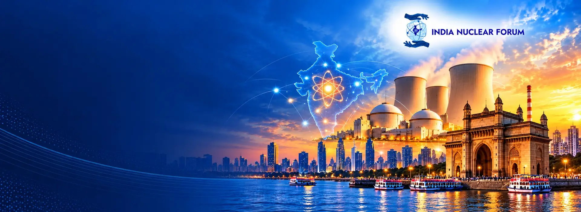 Mumbai's Gateway of India and waterfront at dusk, with a nuclear power station and a lit network map of India