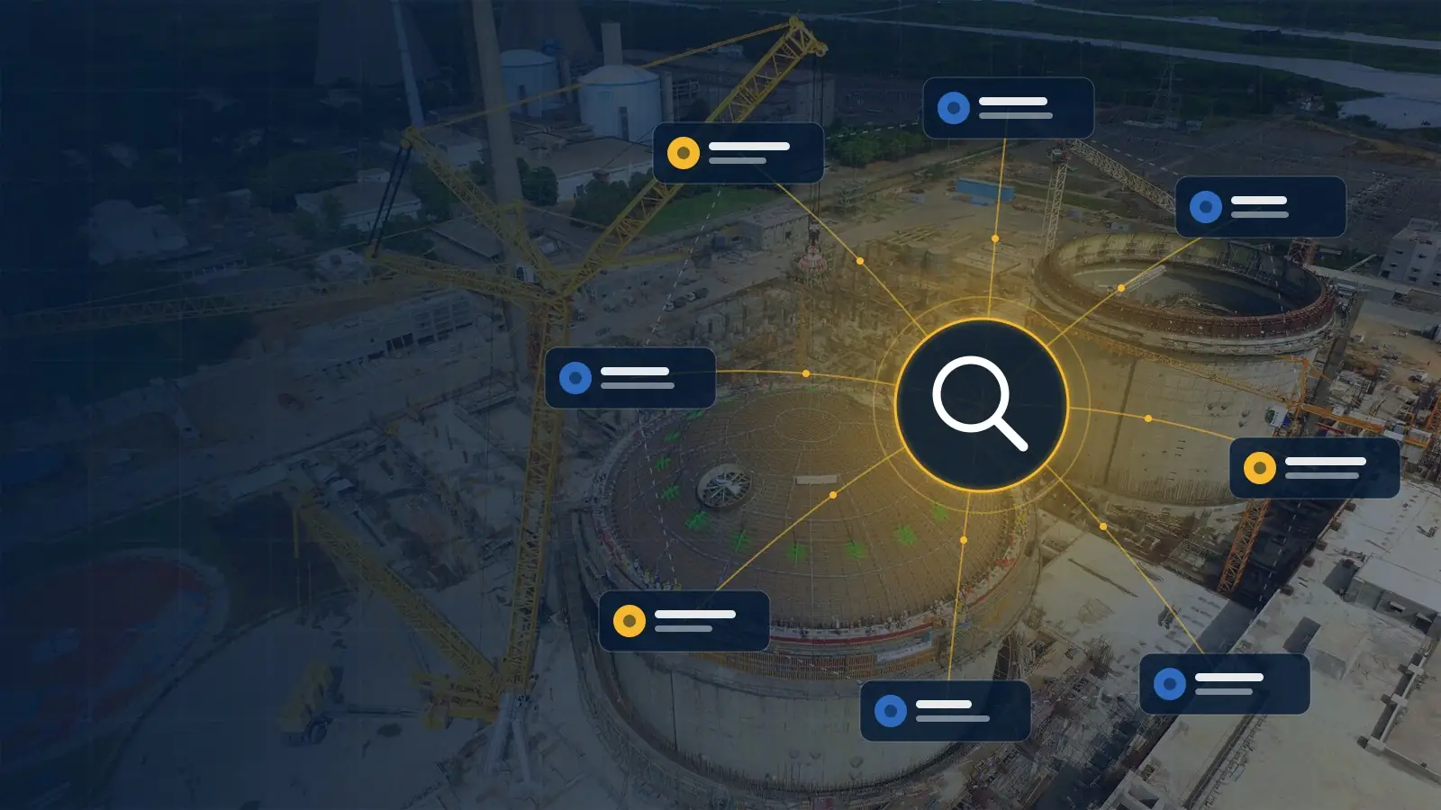 Organisations connected as a network around a search lens, over a reactor under construction